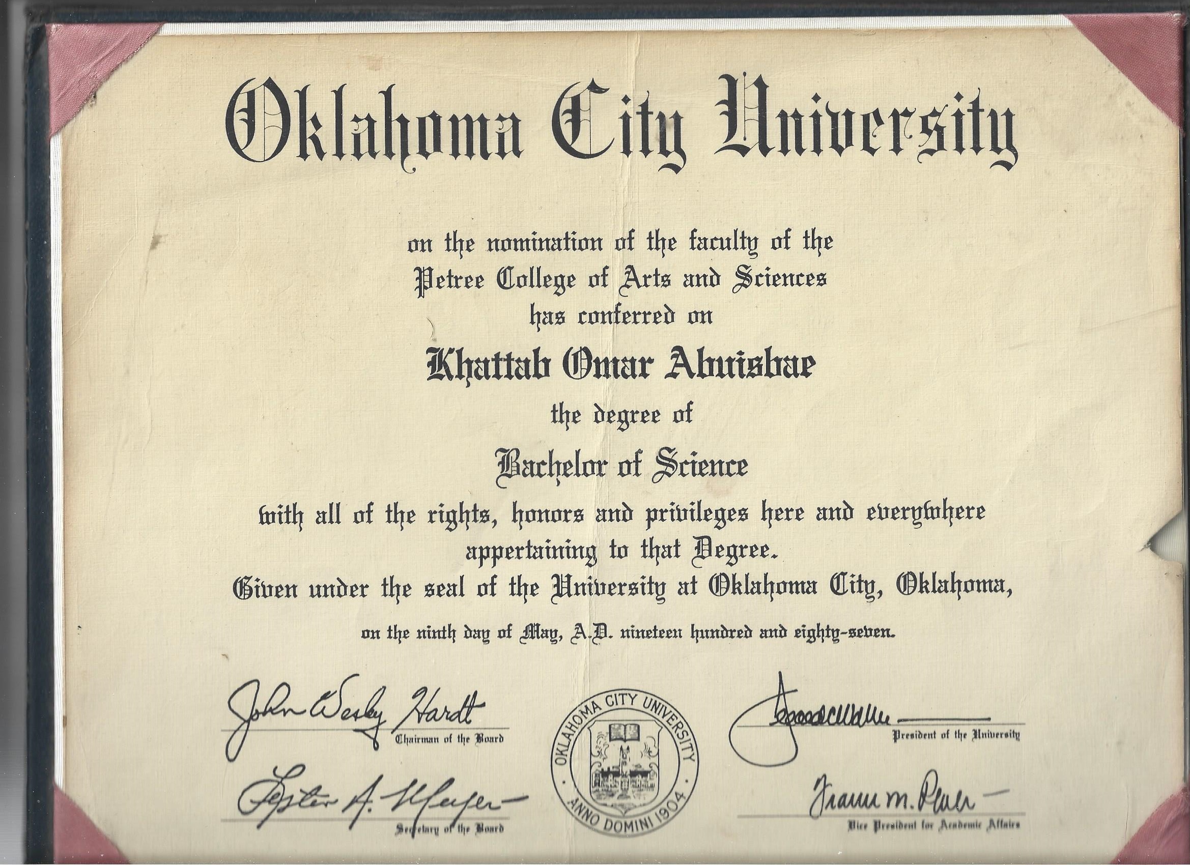 Engineer Khattab Omar Abuisbae's University Degree Certificate.